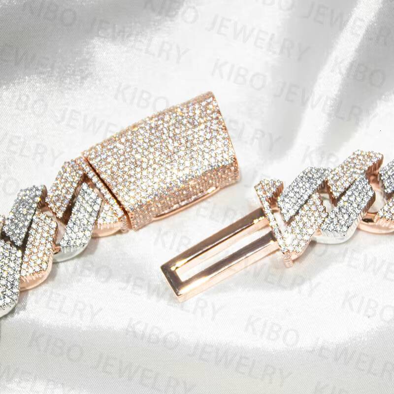 Iced Out Two Tone Vvs Moissanite Necklace 925 Sterling Silver Rose Gold Plated Big Huge 18mm Cuban Link Moissanite Chain