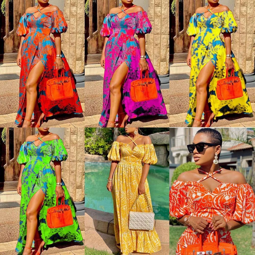 2025 New Spring/summer Womens Dress with Printed Slit Strapless Hanging Neck V-neck Long Skirt