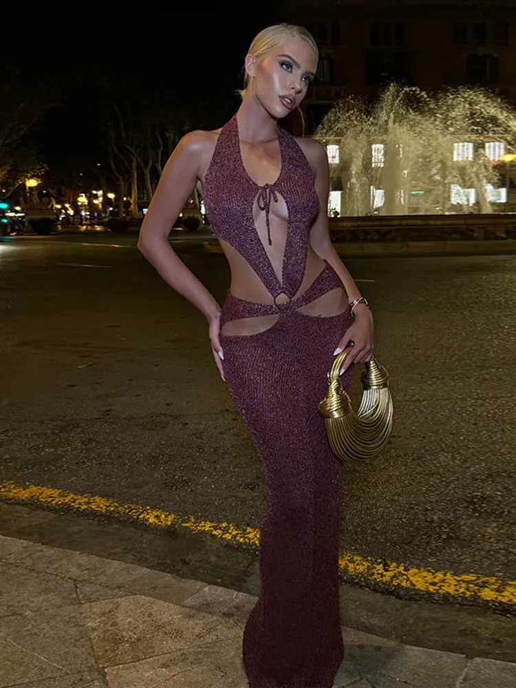 Sexy Hollow Out Knit Dress Women V-neck Lace Up Sleeveless Backless Slim Hip Package Dresses Female 2025 Spring Summer Lady Robe 250409