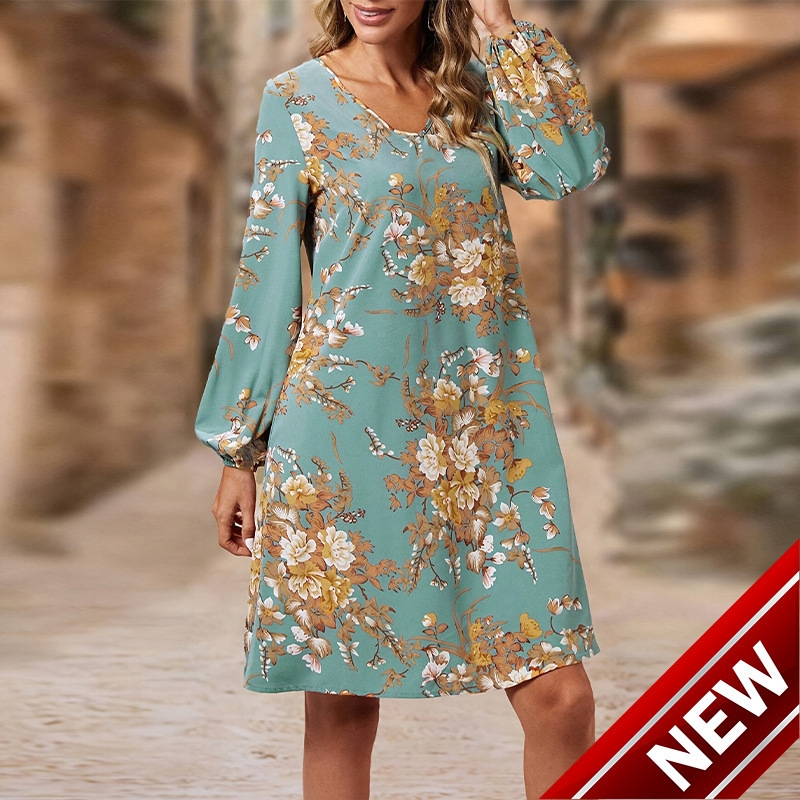 Womens ins long sleeved dress 2025 new product loose floral A-line mid length skirt