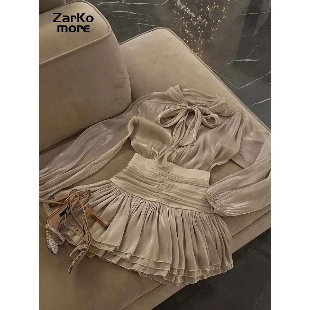 Chic Bow Top Mini Skirts Sets Women O-Neck Long Lantern Sleeve Blouses High Waist Pleated Skirt 2025 Spring New In Matching Suit