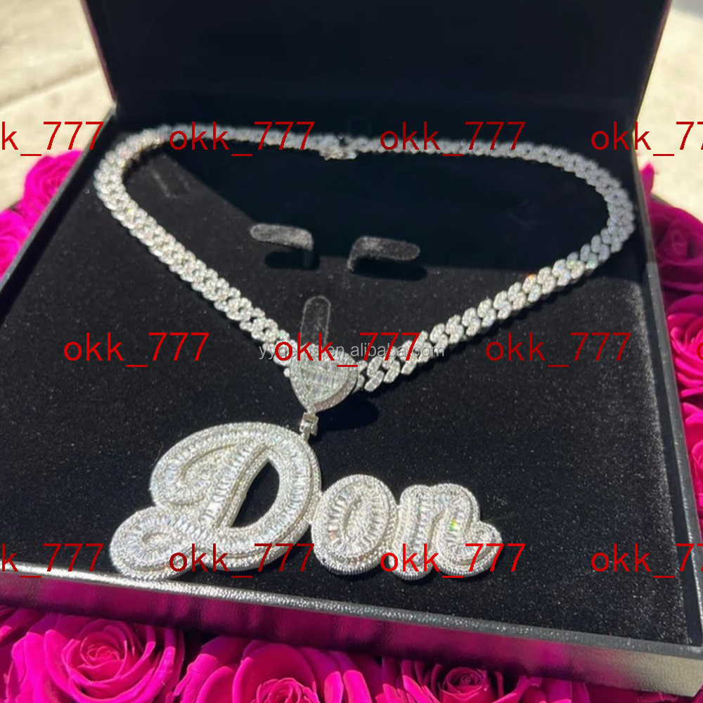 Hip Hop Jewelry Mens Miami Cuban Chain Custom Name Initial Clasp 925 Sterling Silver VVS Moissanite Diamond Pendant