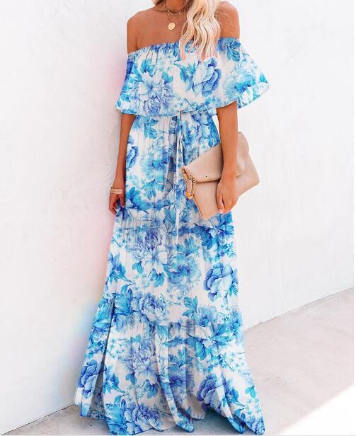 2025 New Womens Chest Wrapped Printed Big Swing Skirt Blue Dress