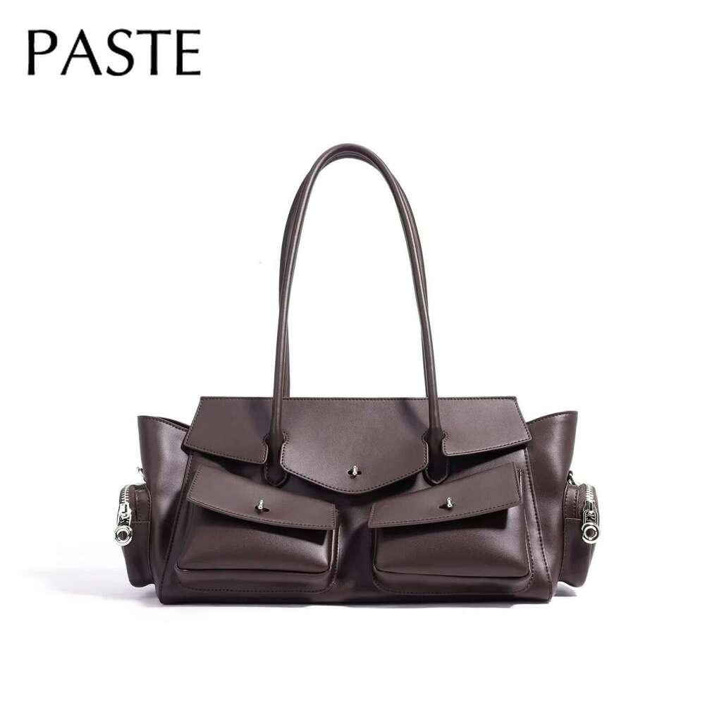 Motorcycle Style Multiple Pockets Design Large Tote Glossy Split Cow Leather Women Handbag Vintage Shoulder Bag Long Handle