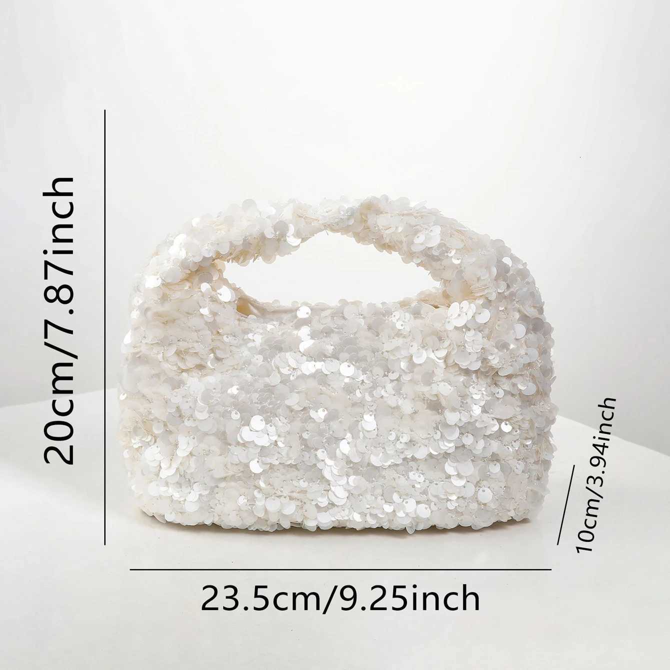 Women White Sequins Hobo Handbag Shiny Bucket Bag Elegant Evening Clutch Bag for Wedding Party Exquisite Small Tote Female PurseW251112