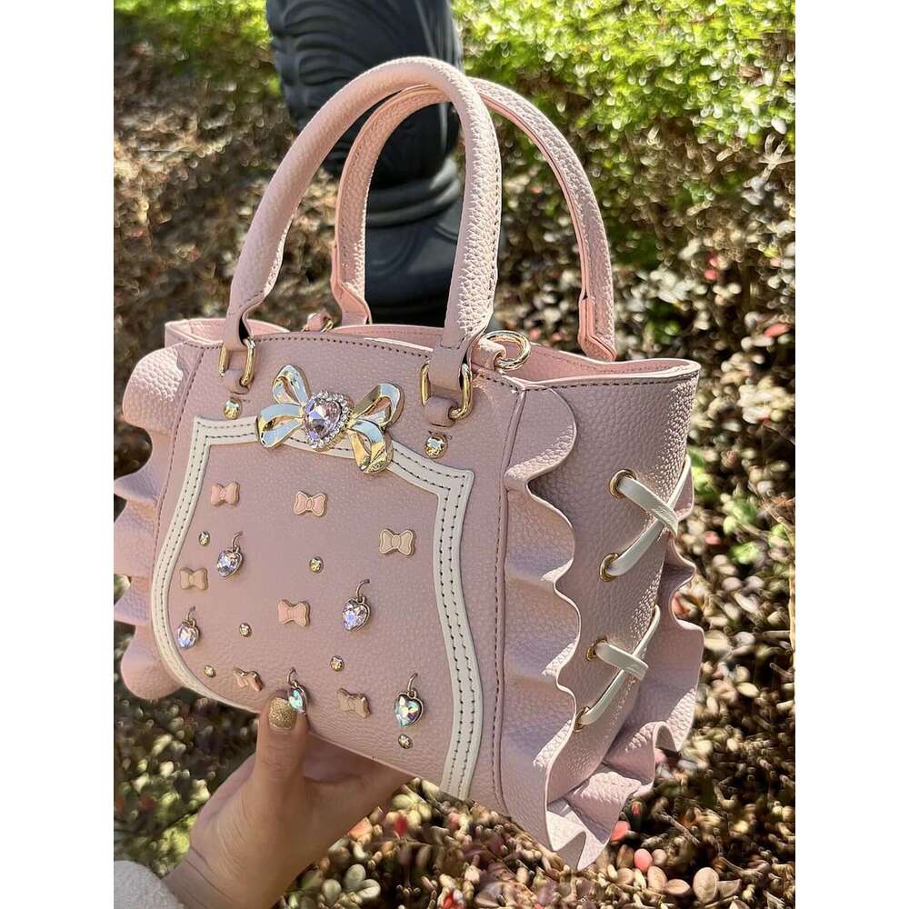 Sweet Mine Women's New Cute Lolita Handbag Gem Bow Shoulder Crossbody Small Tote Bag