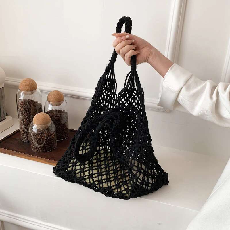 Handmade Beach Bag Women Bucket Cotton Beach Casual Hollow Out Solid Soft High-Capacity Shoulder Bag Travel Handbag Kq1