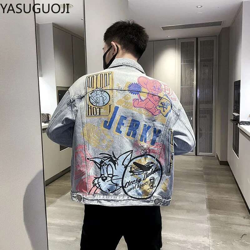 New 2024 Hip Pop Denim Jackets Japanese Cartoon Printed Loose Graffiti Frayed Coat Fashion Jean Jacket Men