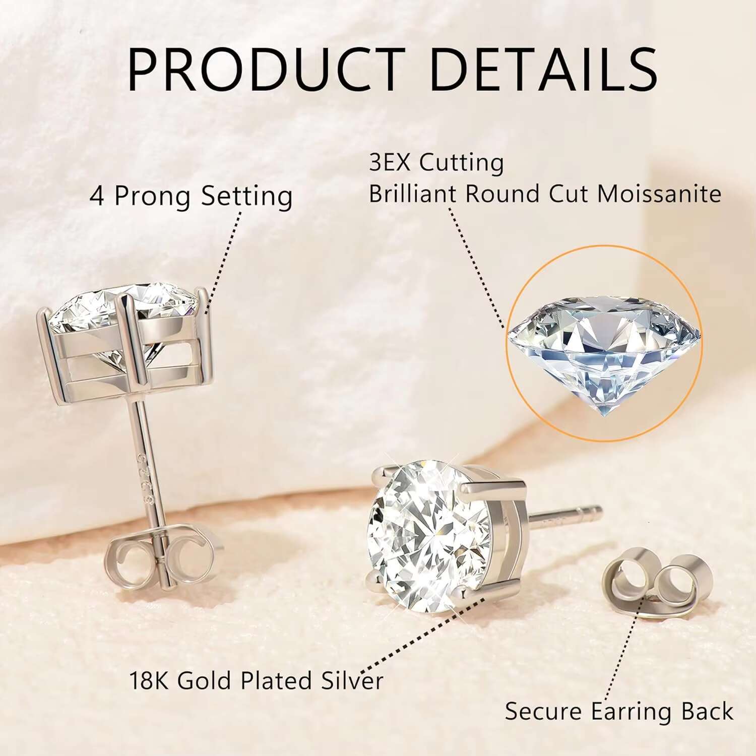 Moissanite Stud Earrings 0.6ct-2ct DF Color Brilliant Round Cut Lab Created Diamond Earrings 18K White Gold Plated Silver