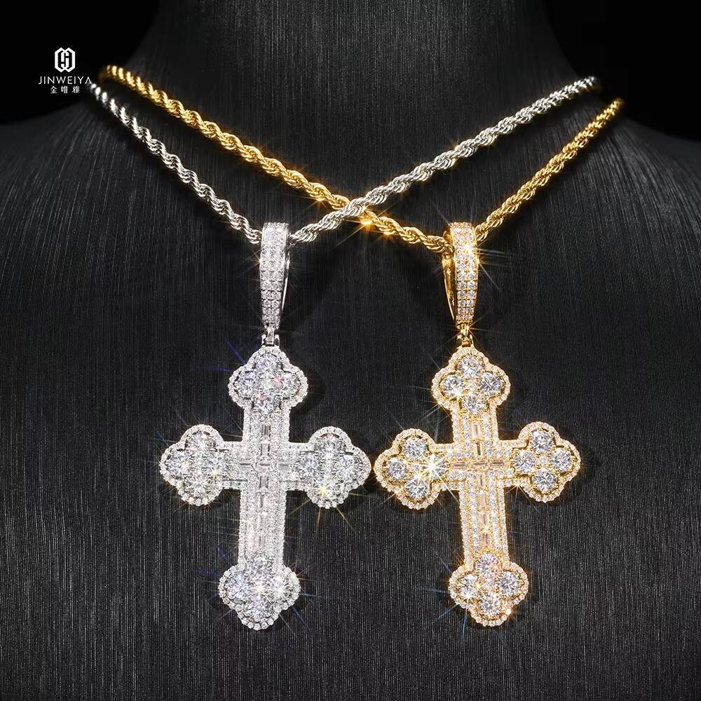 Baguette Cut VVS Iced-Out Moissanite Cross Pendant Fully 925 Silver Hip-Hop Style Religion Pendant
