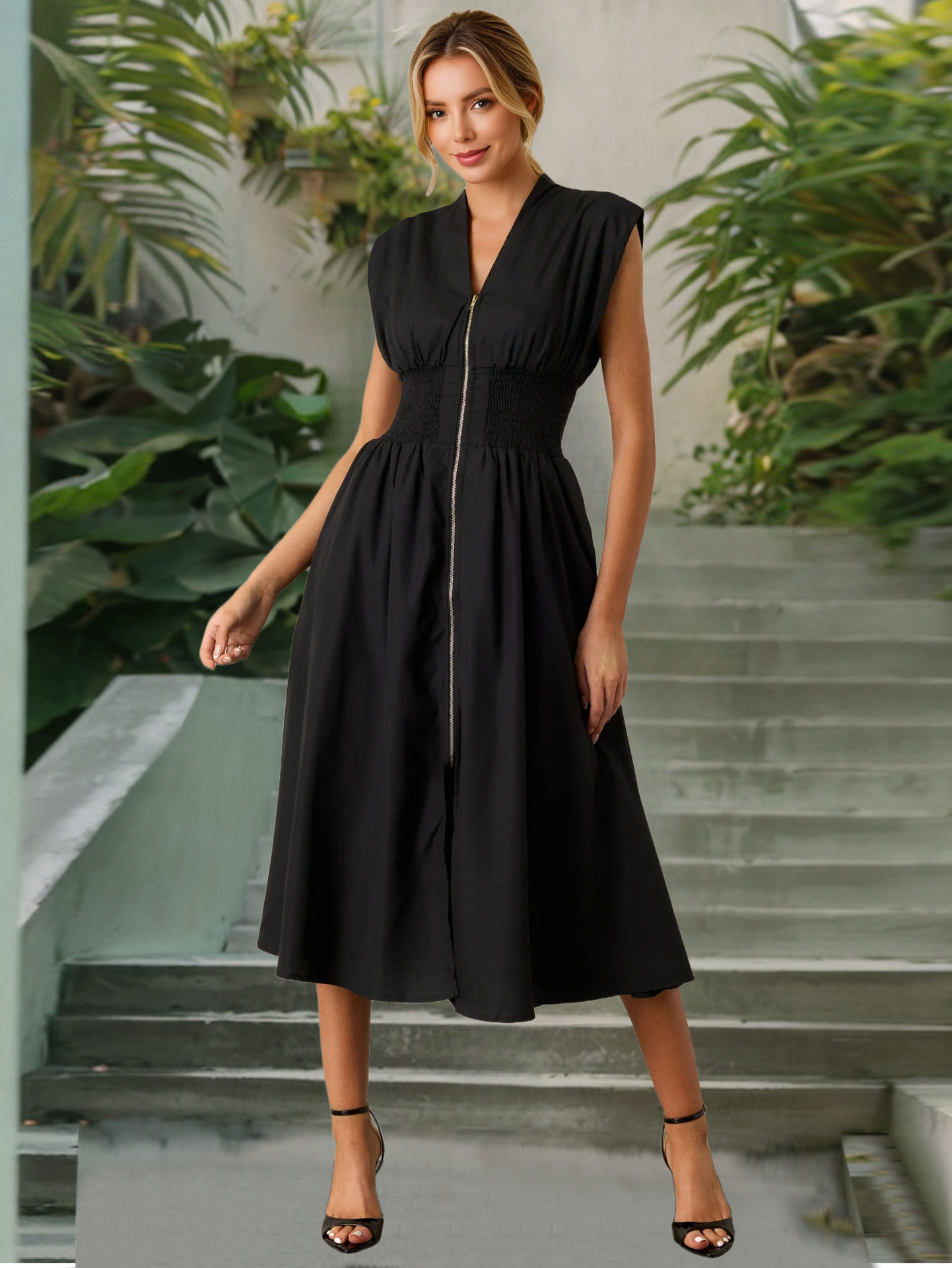 X411Elegant V-Neck Zippered Dress with Flattering Waistline - Pleated Style for Summer 2025 Collection