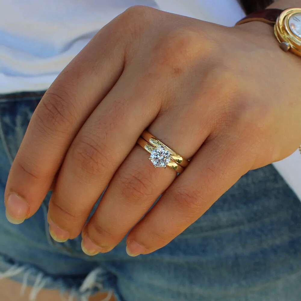 14K Yellow Gold 0.5ct 5mm Moissanite Engagement Solitaire Ring Set Lab Grown Diamond Wedding Ring Set for Women