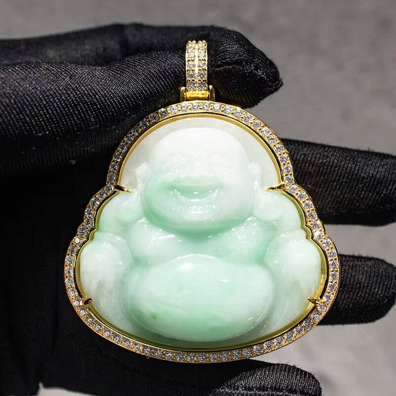 10K Solid Gold 925 Sterling Silver With Moissanite Diamond Hip Hop Natural Nephrite Jade Maitreya Buddha Pendant