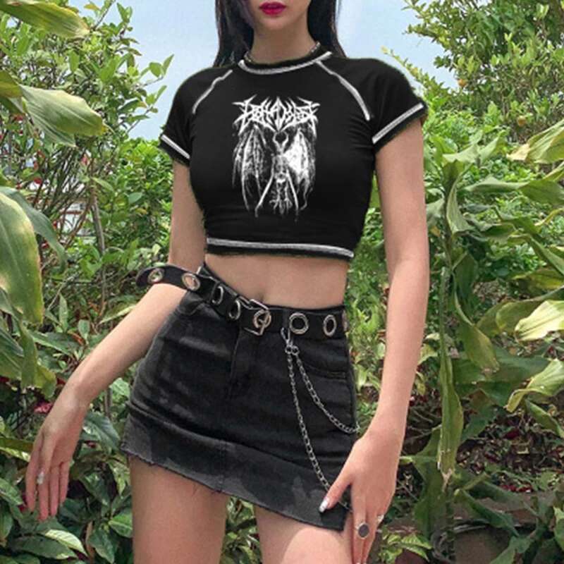 Women's T-Shirt Crop Top Haruku Retro Korean Black Demon Punk Gothic Anime Print Clothes Slim Anime