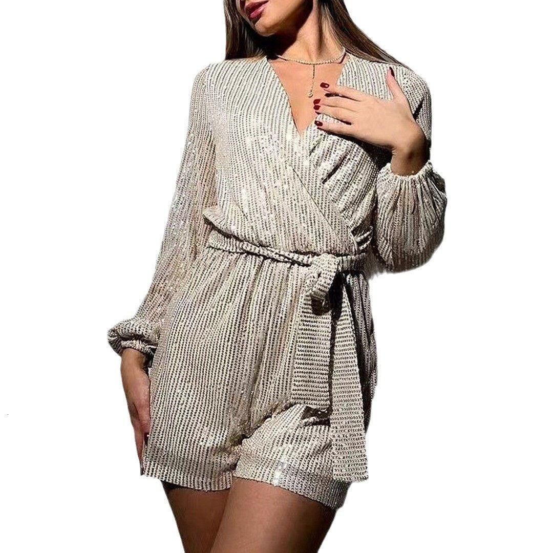 2025 New Party Fashion Sequin Long Sleeved Dress Jumpsuit Shorts