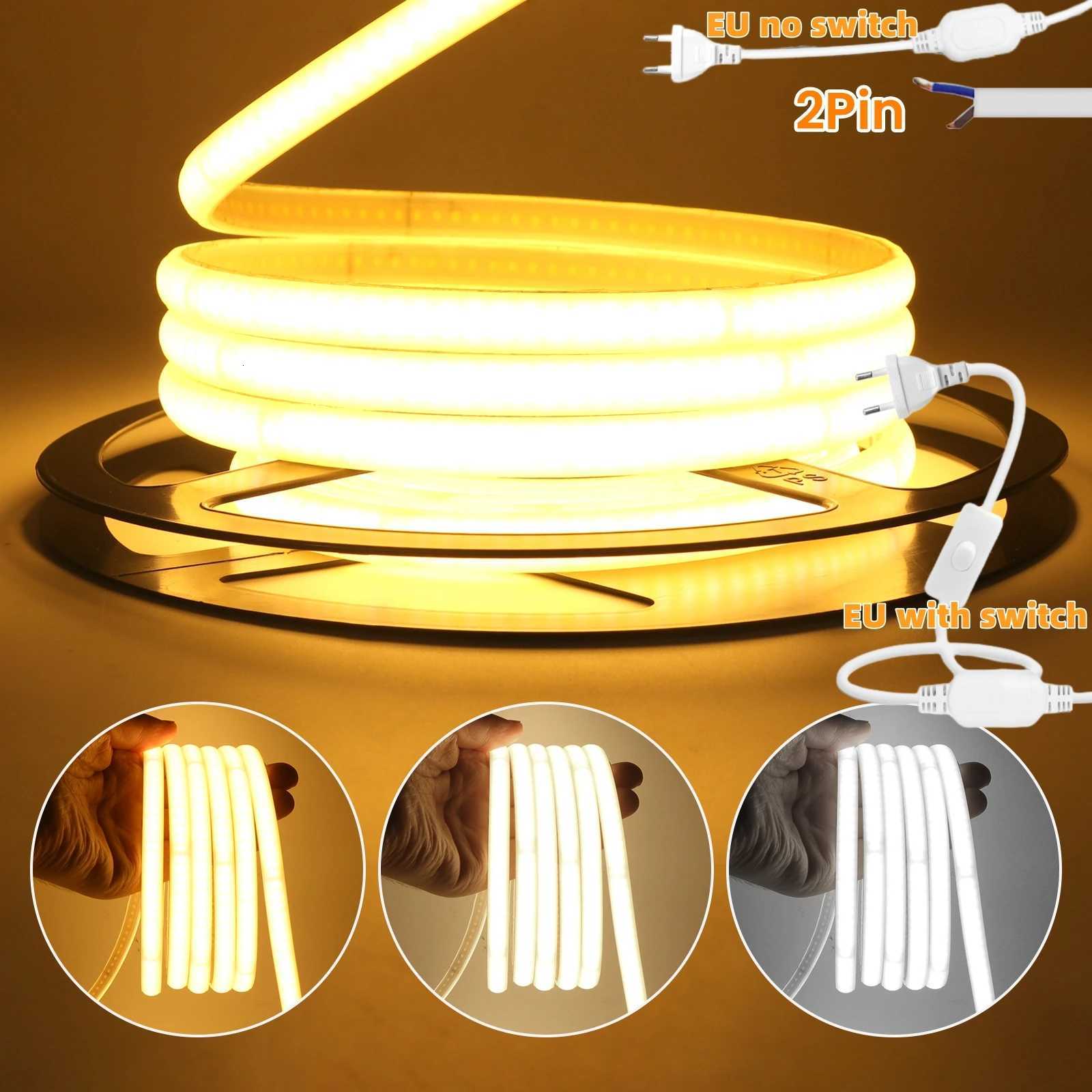 IP65 COB Self-adhesive Tape LED Neon Light Strips AC 230V RA90 Waterproof Outdoor Garden FOB Ribbon Lamp 2Pin Wire/EU Power Plug W251112