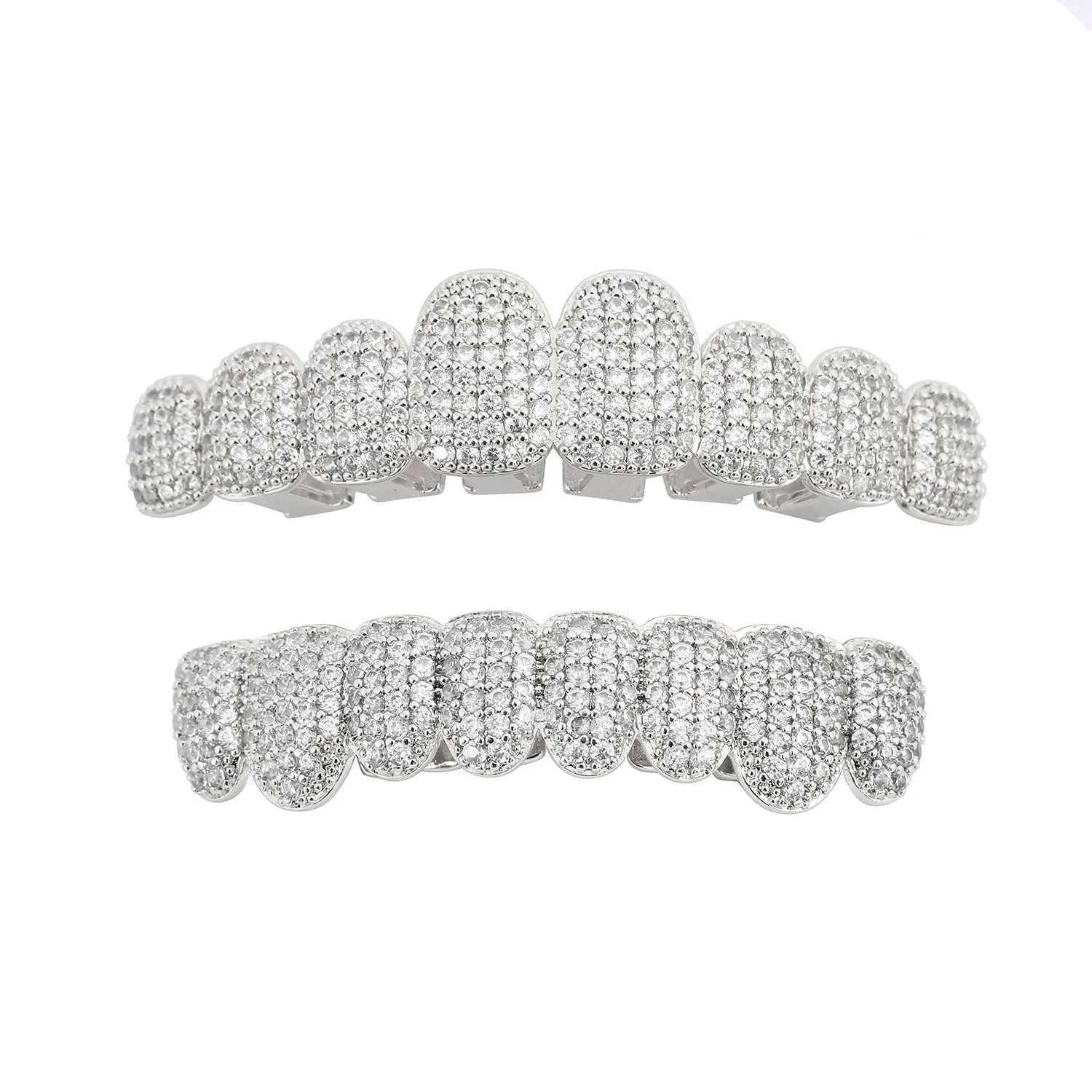 YONGX Hip Hop 8/8 Full CZ Stone Teeth Grillz Top Bottom Shining Zircon Teeth Hat Mens Body Jewelry Dental GrillXJ250412