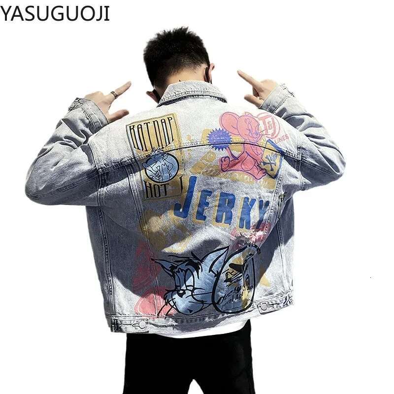 New 2024 Hip Pop Denim Jackets Japanese Cartoon Printed Loose Graffiti Frayed Coat Fashion Jean Jacket Men