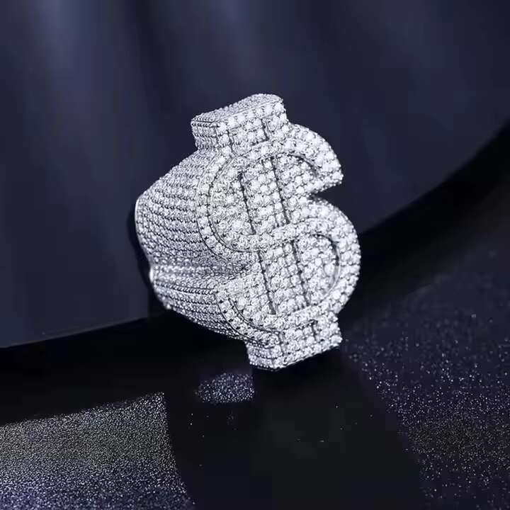 New Design Iced Out Round Cut VVS Moissanite Diamond Dollar Sign 925 Sterling Silver Hiphop Ring for Men