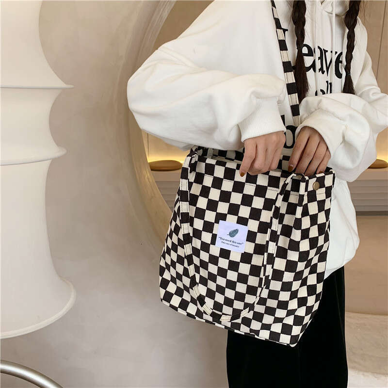 012174 Corduroy Checkerboard Single Shoulder Tote Female Student Classroom Canvas Minimalist Handheld Cloth Bag
