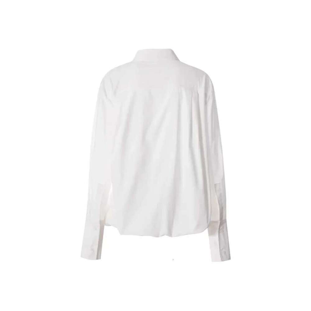 Spring New Women's Pleated Waisted Shirt With White Casual Design And Fashionable Waist Belt Mid Length Blouses Top