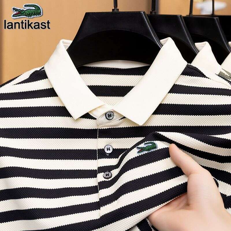 Noble Crocodile Polo Shirt Men's Summer Short Sleeve Striped Turn-down Collar Designer Handbag T-shirt Breathable Korean Style Top Youthful