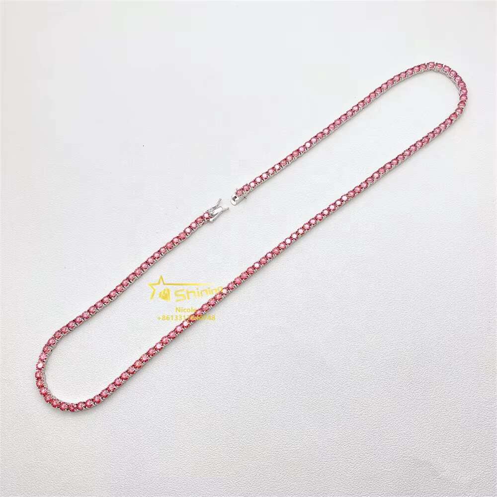Hip Hop Fashion Factory Directly 925 Sterling Silver 3mm 4mm Tennis Necklace Bracelet Colorful Red Moissanite Tennis Chain