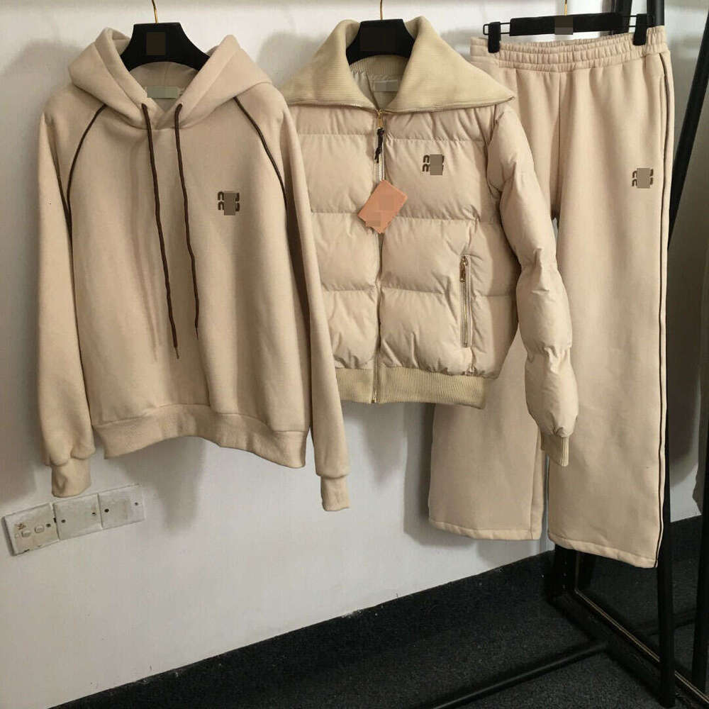 New M Home Warm Three Piece Set Leather Label Collar Coat Long Sleeve Hoodie Wide Leg Pants