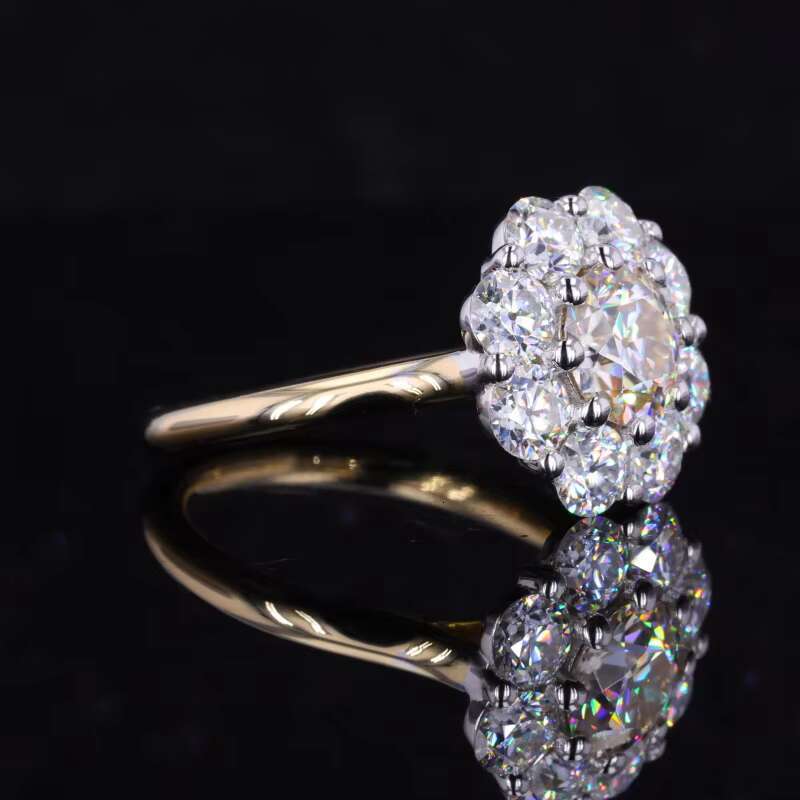 14k Yellow Solid Gold Flower Shape Old European Cut Moissanite Ring Jewelry