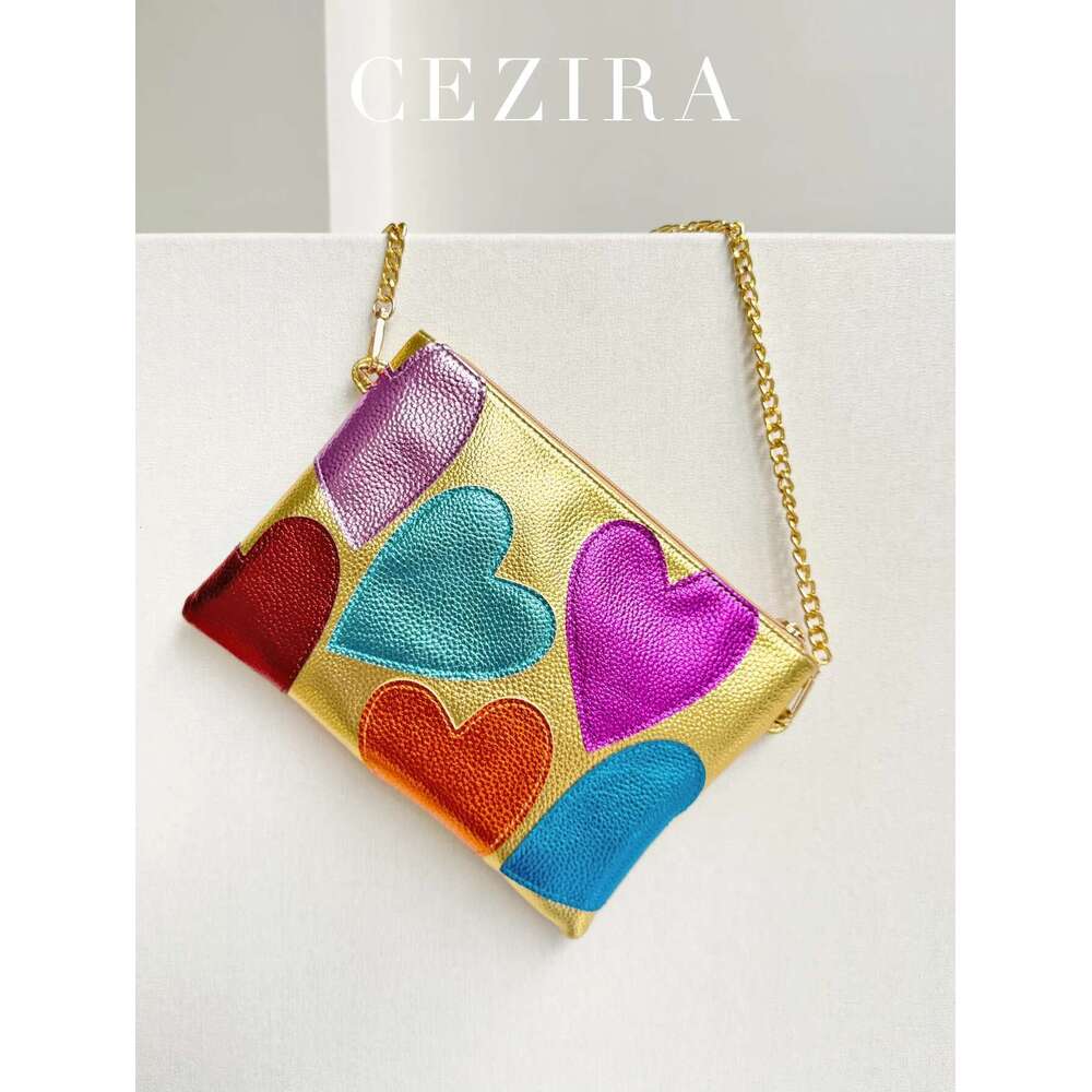 Design Colorful Metallic PU Leather Clutch Women Fashion Sweet Hearts Pattern Square Handbags Chain Crossbody Girls Purse