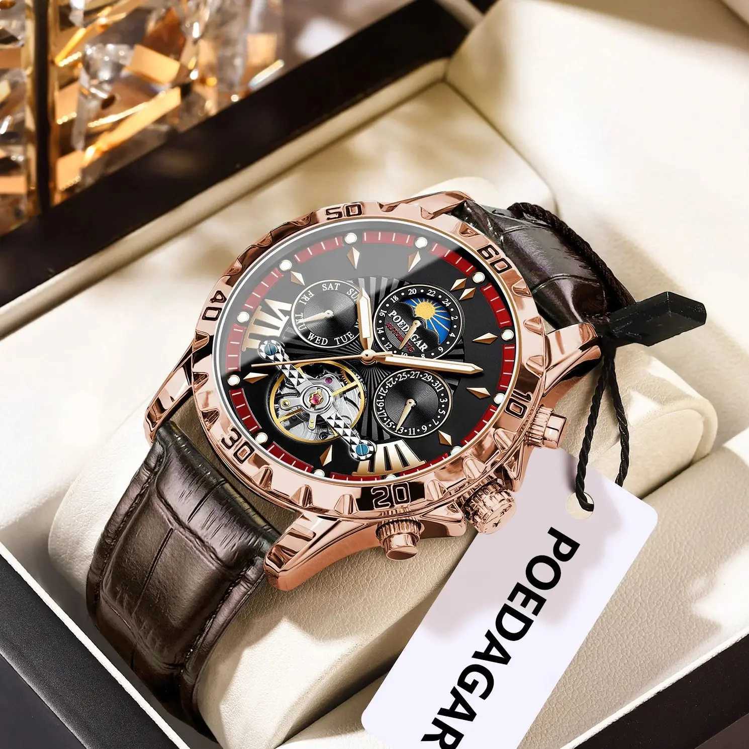 POEDAGAR Luxury Automatic Wristwatch Waterproof Luminous Date Week Leather Men Watch Tourbillon Mechanical Fashion Mens Watches L251113