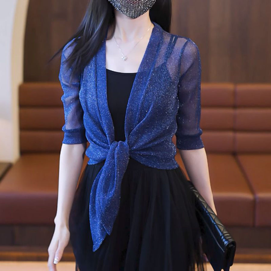 K383 Summer gold and silver silk outer mesh small shawl women's cardigan large size lace with waistcoat sun protection cape air conditioning shir