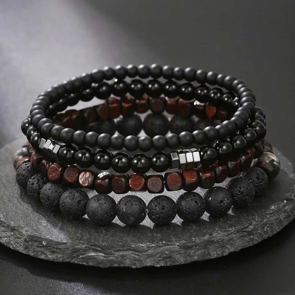 4Pcs/Set Black Gall Stone Volcanic Stone Wood Beads Multi-layer Mens Combination Elastic Bracelet For Couple Friends JewelryC250411