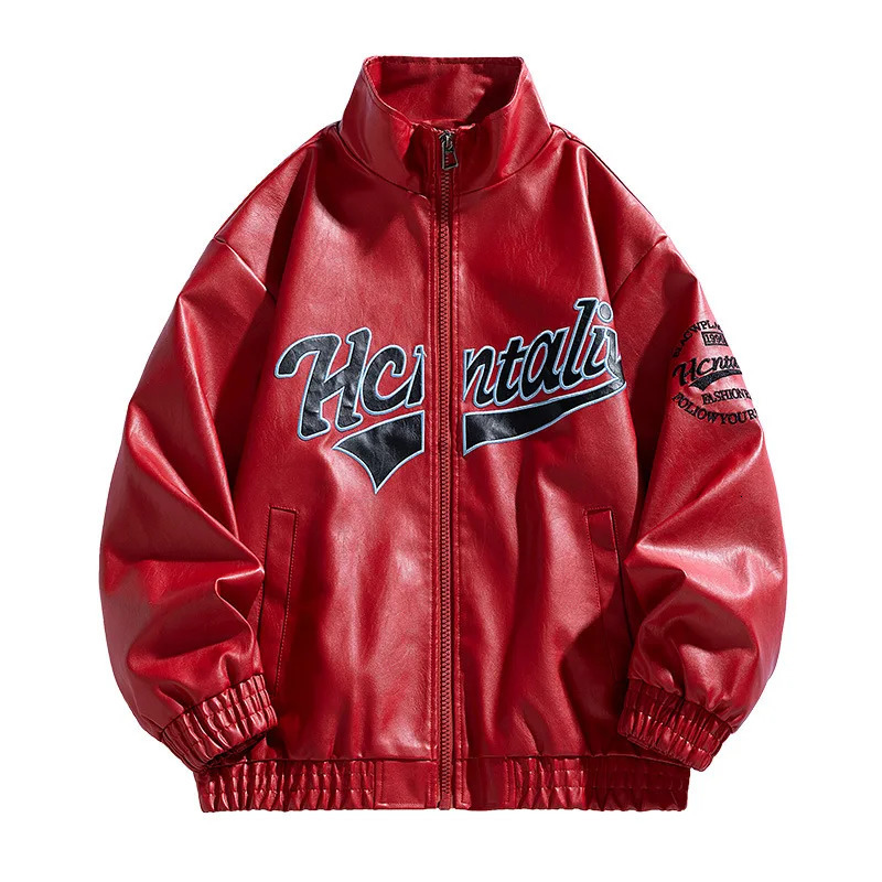 Leather Jacket Man Embroidery Letter Biker Men Fashion Racing Coat Baggy Loose Spring Autumn Windbreaker Outwear Red 251112