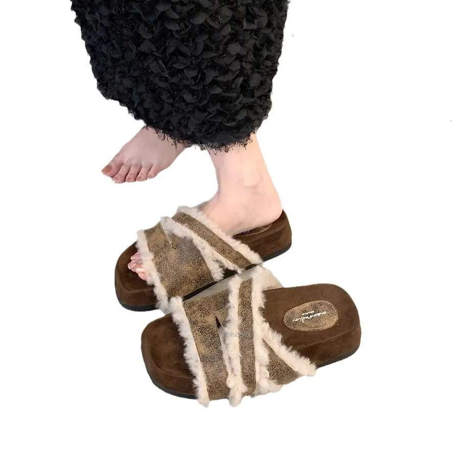 New Free Shipping Designer Shoes Internet Celebrity Thick Sole Height Increasing Hairy Slippers Women Gentle Fairy Style Fashionable One Piece Drag Fo