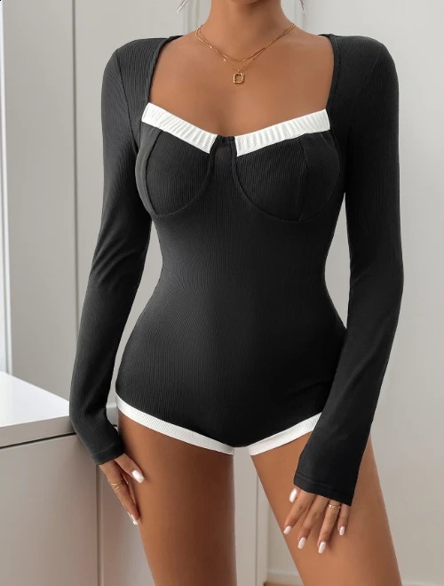 Long sleeved square neck contrasting knitted high elasticity jumpsuit 2025 womens elegant fashion casual onepiece 250411