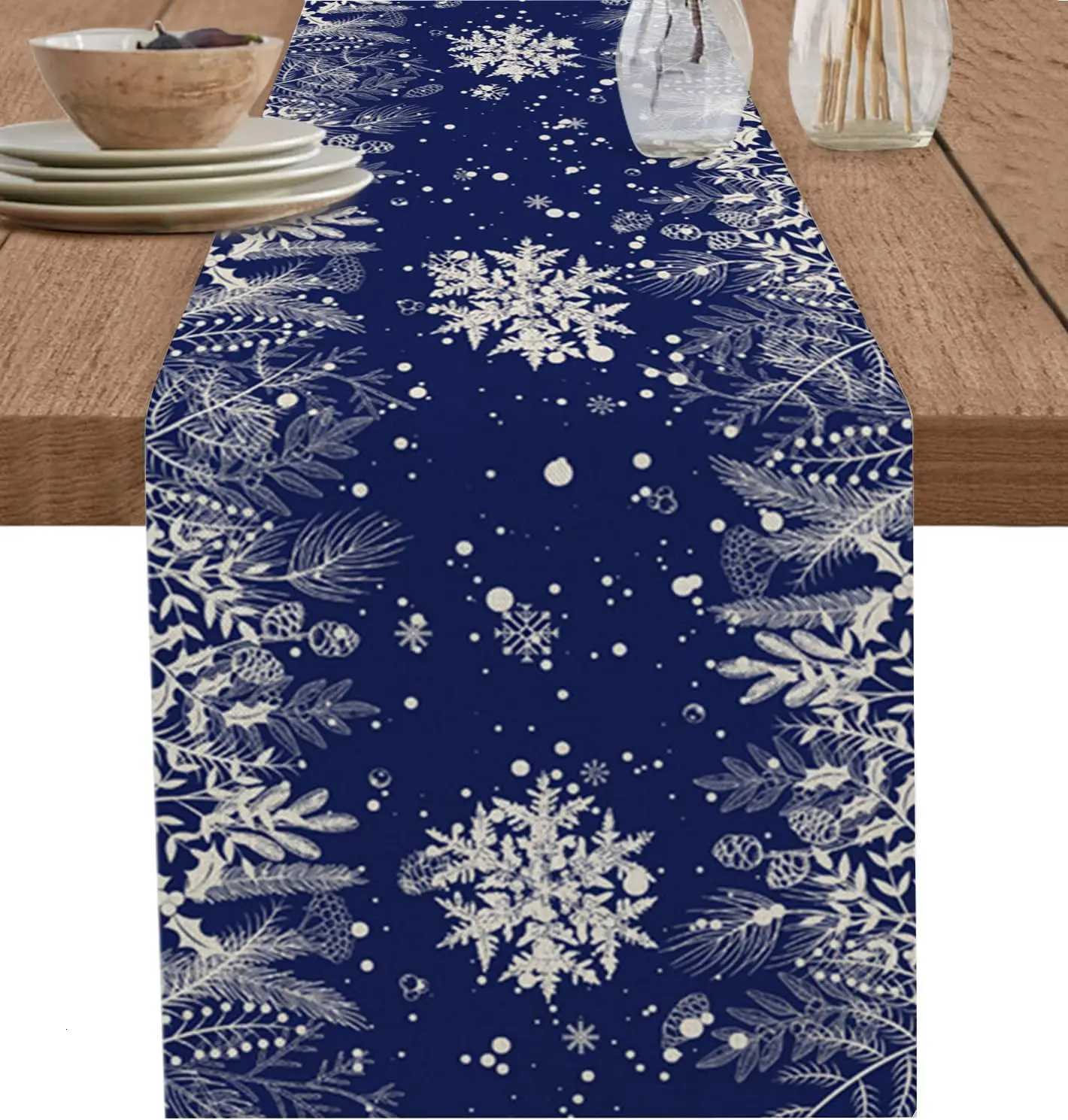 Christmas Bohemian Blue Christmas Holiday Snowflake Leaf Pine Cone Table Flag Christmas Decoration Table Flag Home Decor Farmhouse Y251113