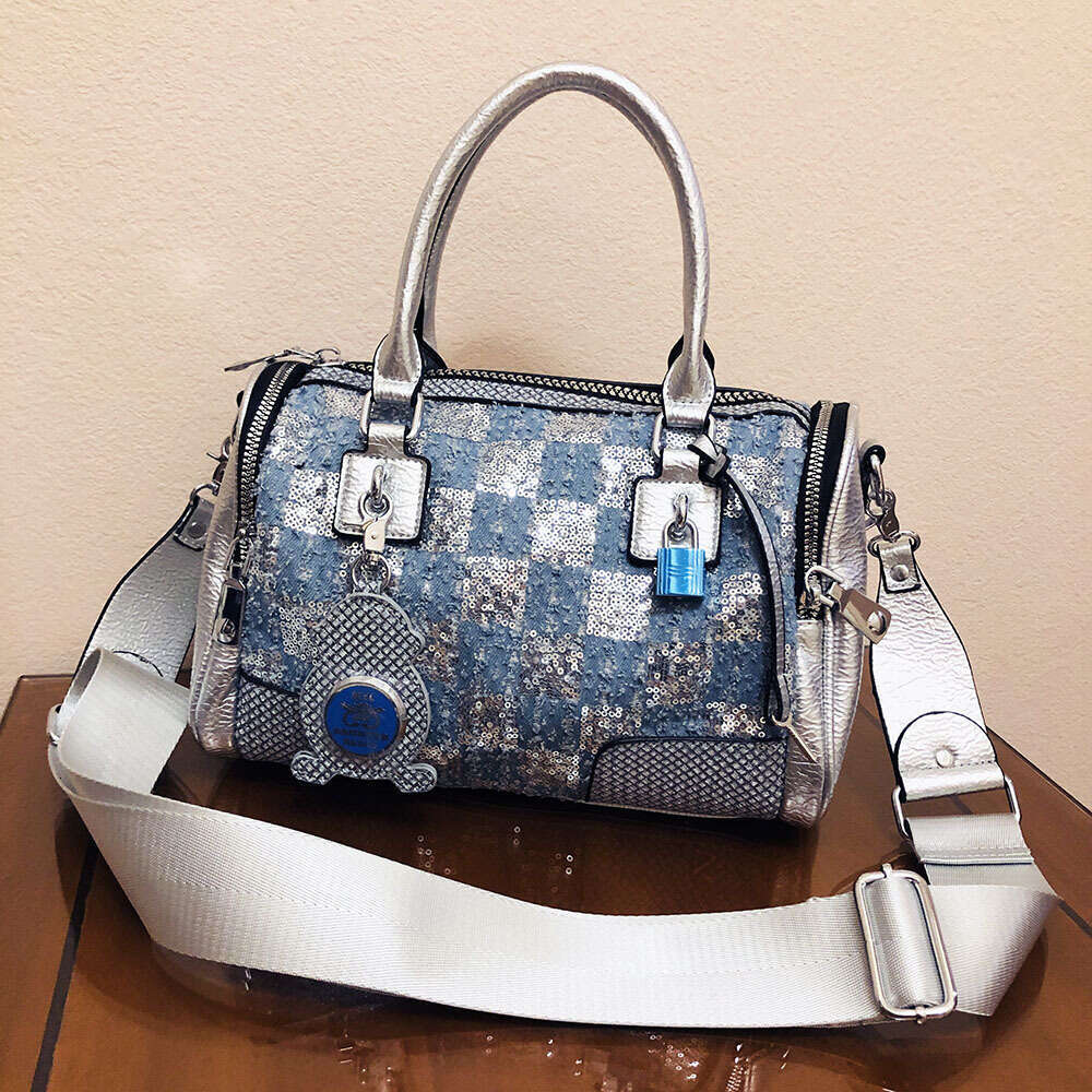 Backpack checkered denim handbag trendy new fashion sequin large capacity pillow bag for women