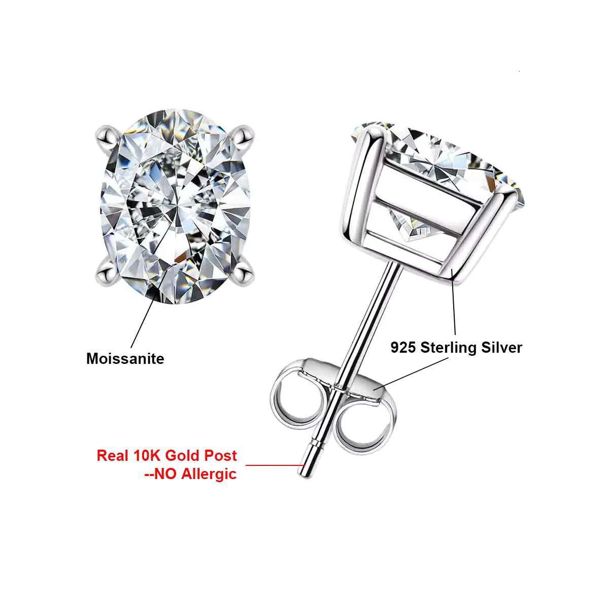 Moissanite 925 Sterling Silver Oval Cut Stud Earrings with 10K Gold Post Available in 1/2/4ct Sizes