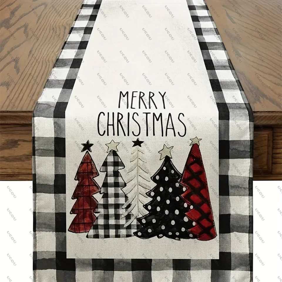 Christmas Waterclor Buffalo Plaid Christmas Trees Merry Xmas Table Runner Holiday Decorative Cloth Flag Family Party Kitchen Gift Flax Xma Y251113