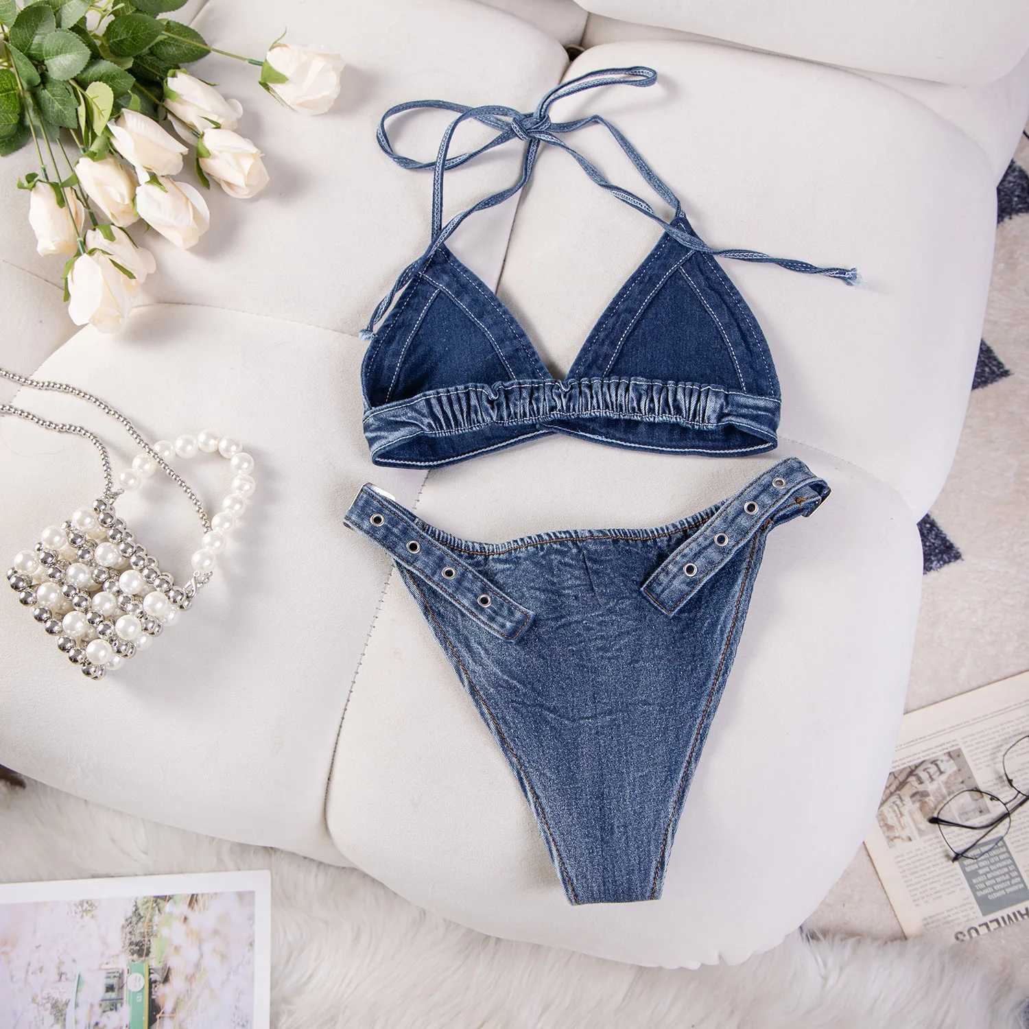 New Sexy Womens Denim Bikini Set Beach Split Swimsuit with Jeans Shorts and Bra for Beach Play and Bar Nightclub PerformanceW251113