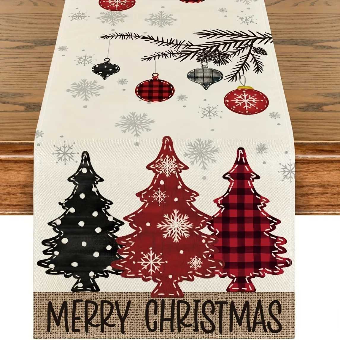 Christmas 1 Piece Merry Christmas Table Runner - Festive Dining Room Decoration with Red Pine Trees Woven Holiday Table Decoration Y251113