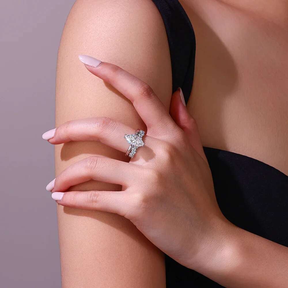 Full Moissanite Stackable Engagement Rings with Certificate Marquise Cut Diamond 925 Sterling Silver Bridal Rings Sets for Women