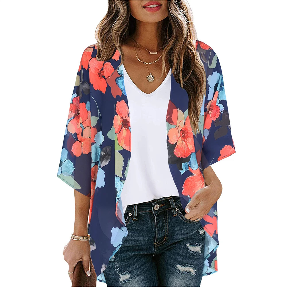 Summer long flowing kimono covered top open outerwear bohemian bikini Hawaiian chiffon shirt beach party 250408