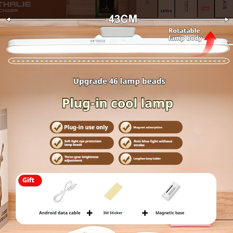 Rechargeable 17'' Magnetic Desk Light Bar, LED Step Less Dimming, 3 Color Mode Under Table Lamp for Bedrooms, Studies, Makeup Stations