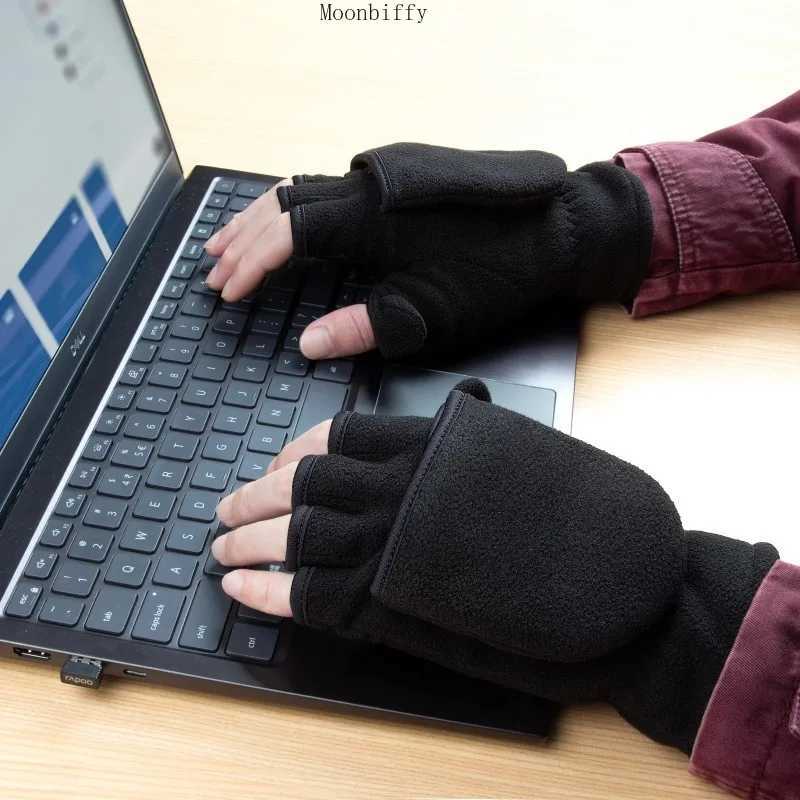 Women Men Winter Polar Fleece Half Finger Flip Gloves Double Layer Thicken Touch Screen Fingerless Convertible Mittens Wrist WarC250412
