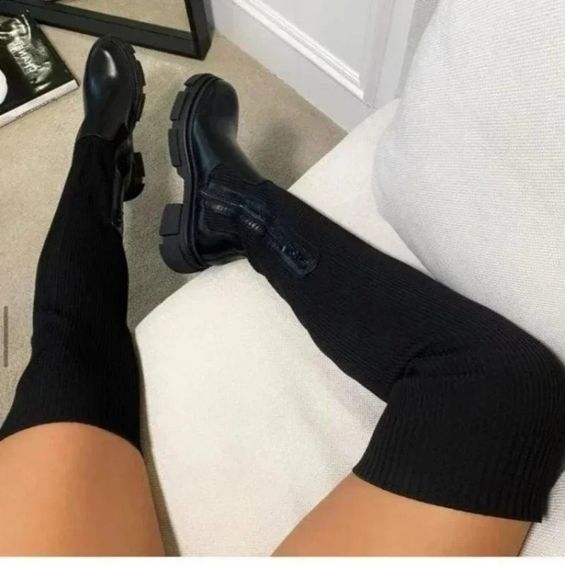 Womens Over The Knee Boots Stretch Knitted Winter Boots Women Fashion Platform Boot Splicing Ladies Sock Shoes Woman Long Boots 250411