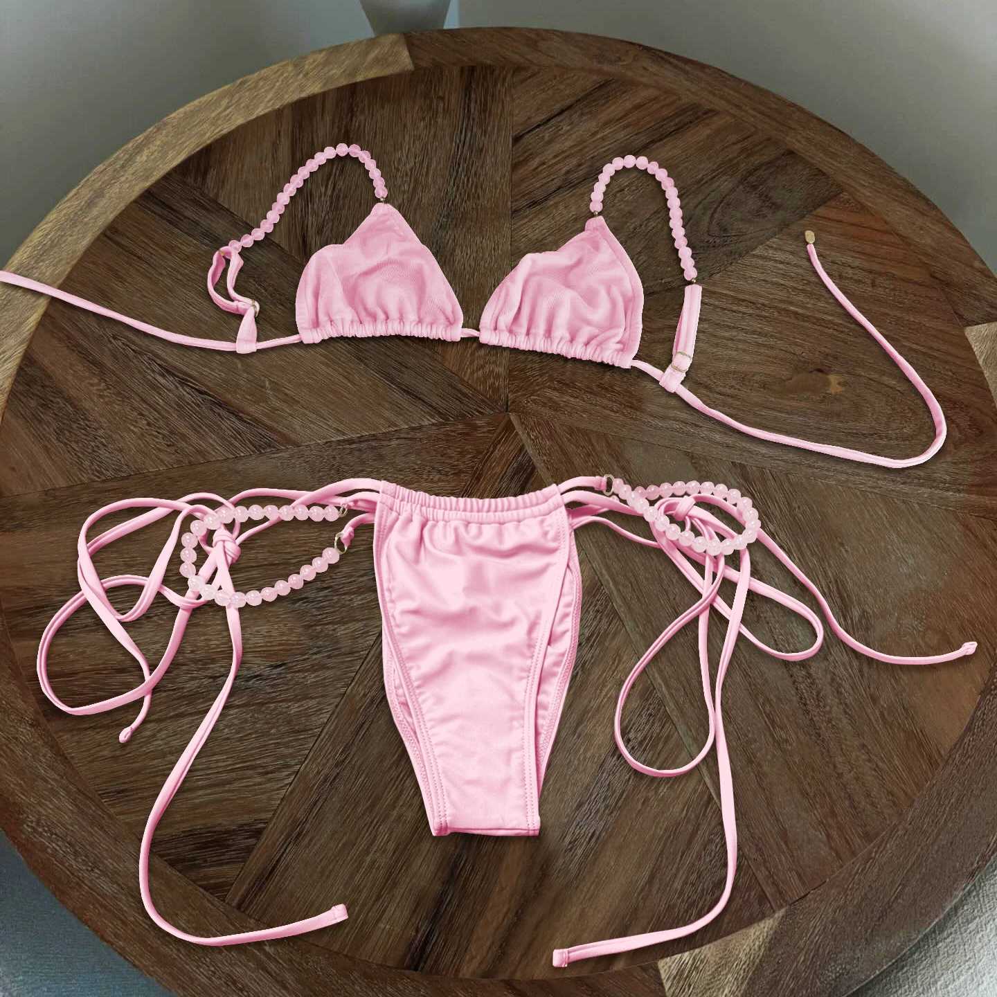 Beads Bikini 2025 Sexy Women Swimsuit Female Swimwear Micro Bikini Set Bandeau Swimming Suit Beachwear Pink Brazilian BiquiniW251113