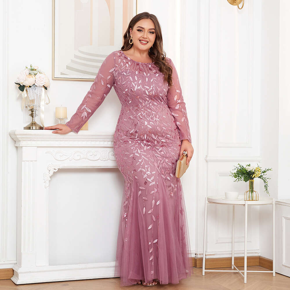 Designer Plus Size 2025 Hot Selling Sleeved Round Neck Fully Lined Back Zipper Fish Tail Long Skirt Embroidered Evening Gown