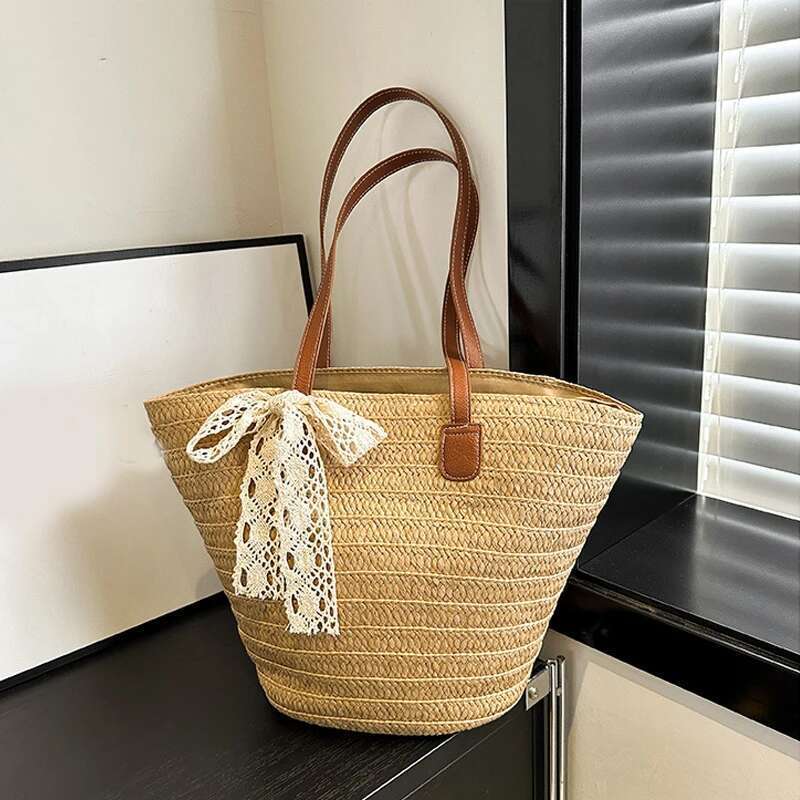 Handmade Beach Bag Women's Large Capacity New Vacation Beach Straw Woven Commuter Bucket Basket Tote Bag Kq1